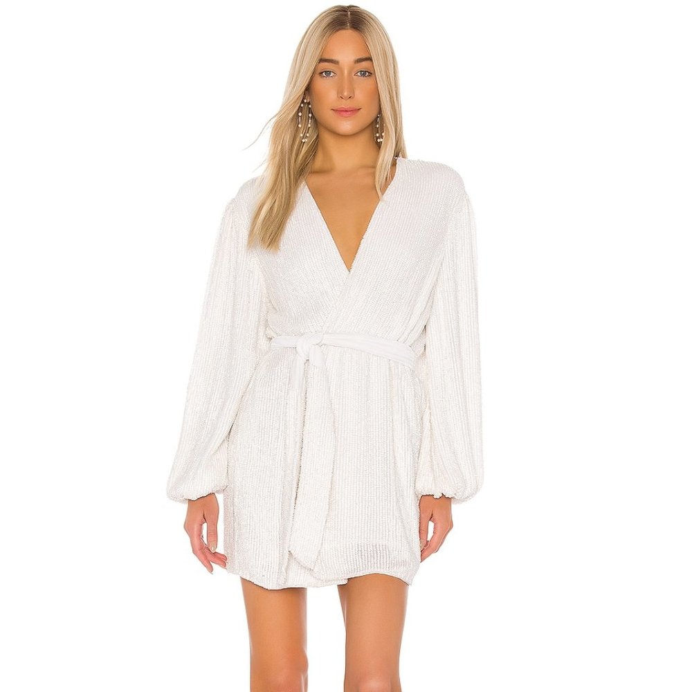 retrofete Gabrielle Robe Mini Dress Moonglow White Sequin Long Sleeve Small
